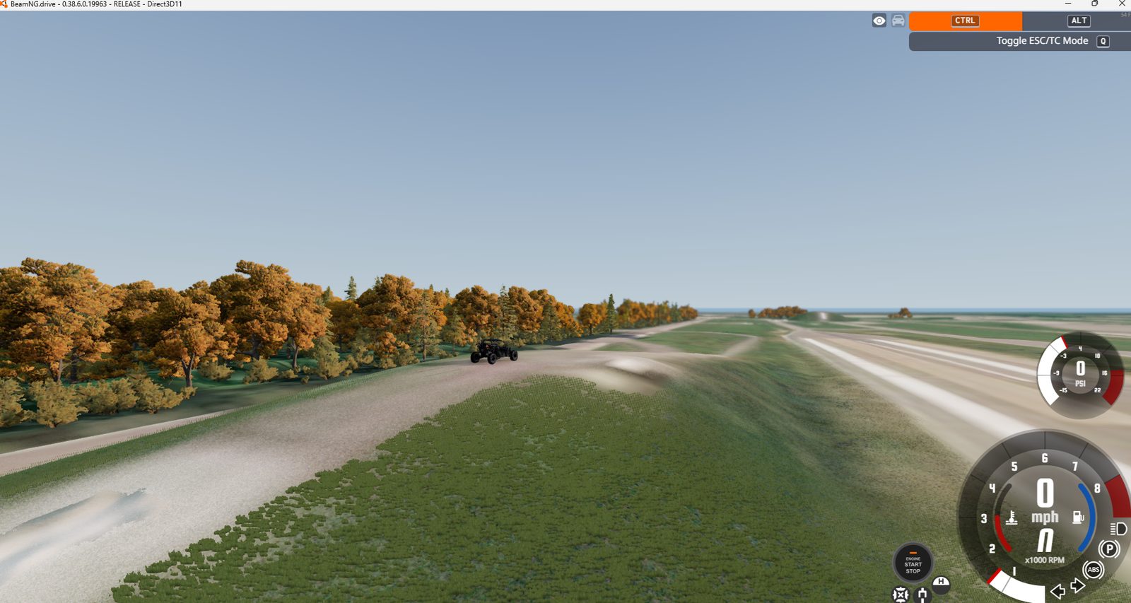 In-game view of a buggy on a painted dirt track beside a line of autumn trees
